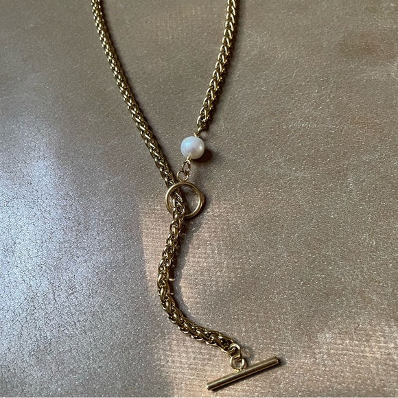 Freshwater pearl lariat toggle gold plated woven chain necklace boho layer white - Picture 3 of 8